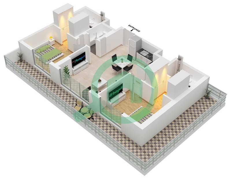 المخططات الطابقية لتصميم النموذج A5 شقة 2 غرفة نوم - أيالا أون ذا بارك interactive3D