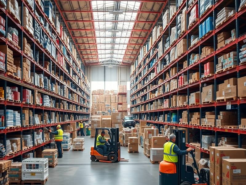 2 A_large_bustling_warehouse_environment_showcasing_the_interior_filled_with_shelves_stocked_high_with_various_products. _Workers_in_safety_vests_are_seen_organizing_items_using_forklifts_to_move_pallets. _Large_windows_. jpeg
