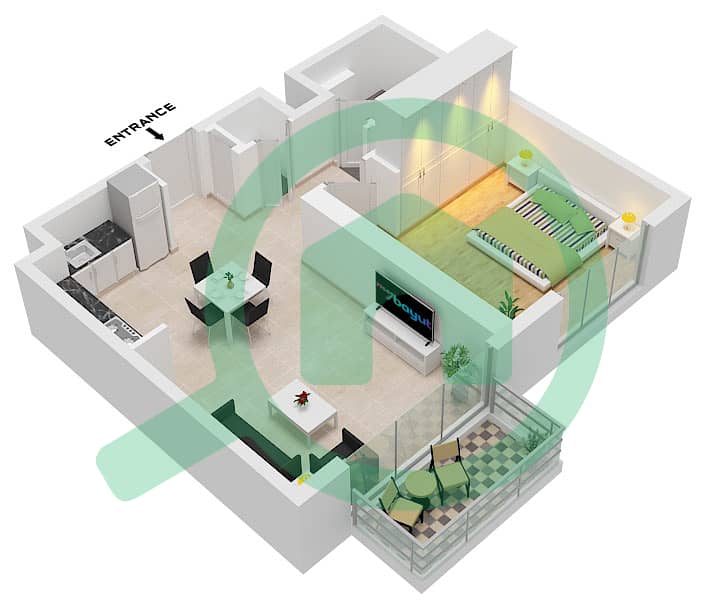 Aria - Grundriss für 1 Schlafzimmer Wohnung Typ A interactive3D