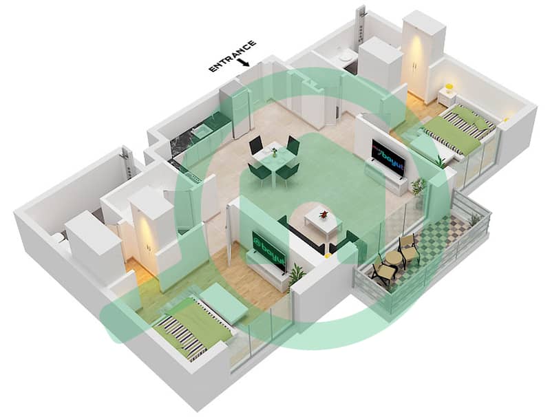 Aria - Grundriss für 2 Schlafzimmer Wohnung Typ A interactive3D