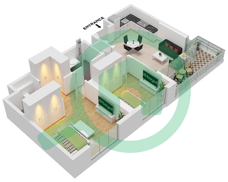 Aria - Grundriss für 2 Schlafzimmer Wohnung Typ E interactive3D