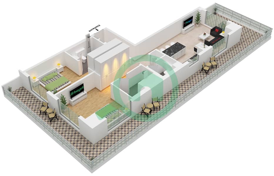 Chelsea Residences 2 by DAMAC Tower C - 2 Bedroom Apartment Type B1 FLOOR 2,7-12,17-22 Floor plan interactive3D