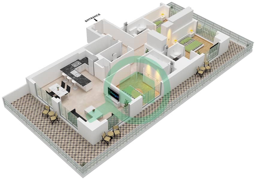 Chelsea Residences 2 by DAMAC Tower C - 3 Bedroom Apartment Type A1 FLOOR 1,2,7,12,17,27 Floor plan interactive3D