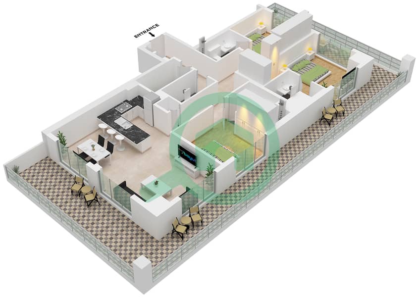 Chelsea Residences 2 by DAMAC Tower C - 3 Bedroom Apartment Type A2 FLOOR 8-11,18-21,28-30 Floor plan interactive3D