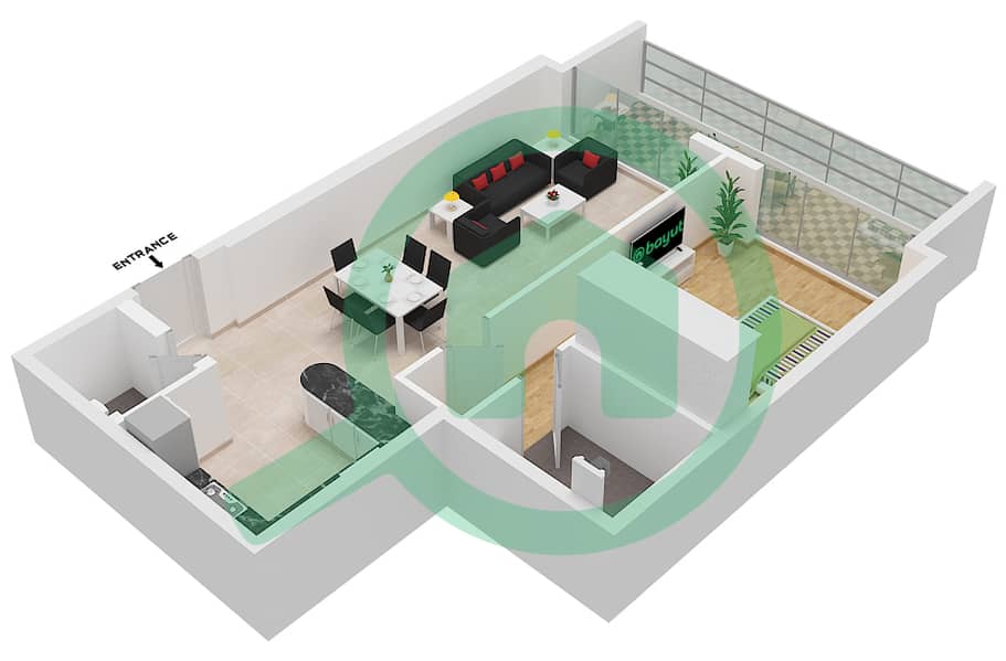 Al Sayyah Residence - Grundriss für 1 Schlafzimmer Wohnung Typ E interactive3D