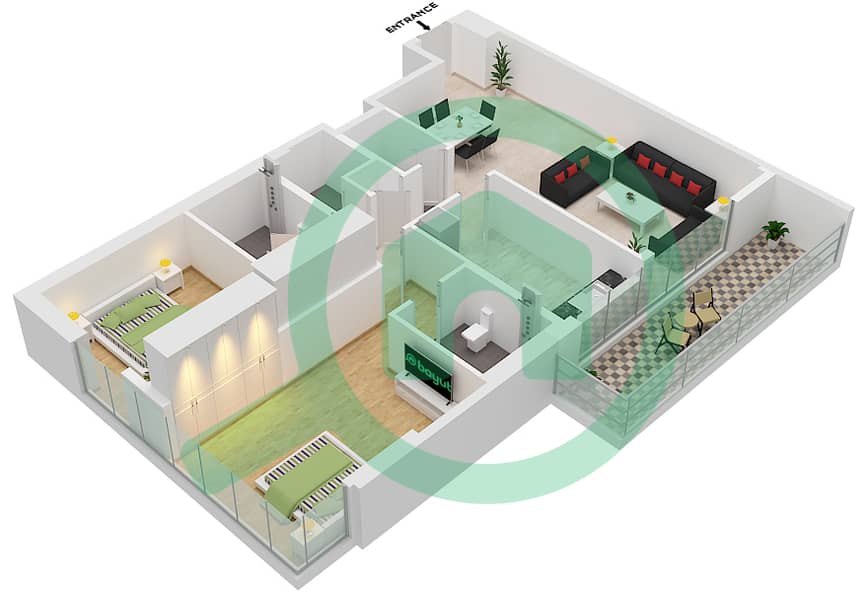 Al Sayyah Residence - Grundriss für 2 Schlafzimmer Wohnung Typ F interactive3D