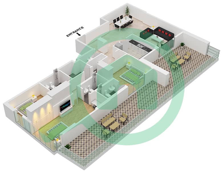 Al Sayyah Residence - Grundriss für 3 Schlafzimmer Wohnung Typ I interactive3D