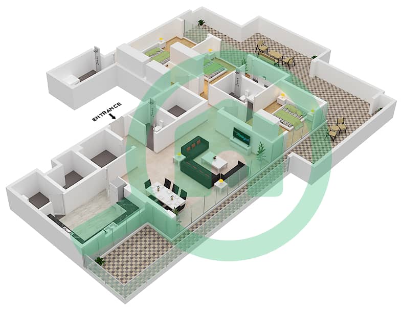 Al Sayyah Residence - Grundriss für 3 Schlafzimmer Wohnung Typ J interactive3D