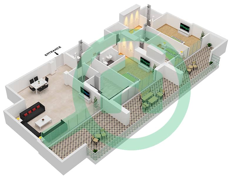 Al Sayyah Residence - Grundriss für 3 Schlafzimmer Wohnung Typ K interactive3D