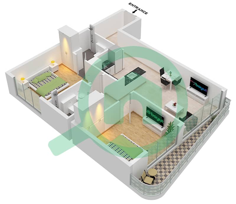 Omya Residences - 2 Bedroom Apartment Type A Floor plan interactive3D