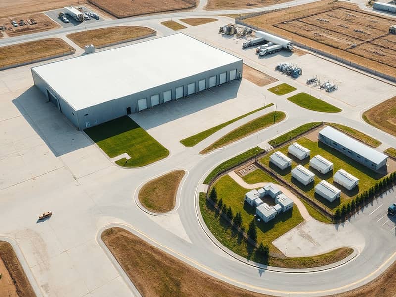 A_realistic_wide_angle_aerial_exterior_view_of_a_complete_industrial_logistics_compound_similar_architectural_style_and_lighting_to_the_reference_one_large_rectangular_warehouse_building_with_light_gray_metal_siding_. jpeg A_realistic_wide_angle_aerial_exterior_view_of_a_complete_industrial_logistics_compound_similar_architectural_style_and_lighting_to_the_reference_one_large_rectangular_warehouse_building_with_light_gray_metal_siding_. jpeg