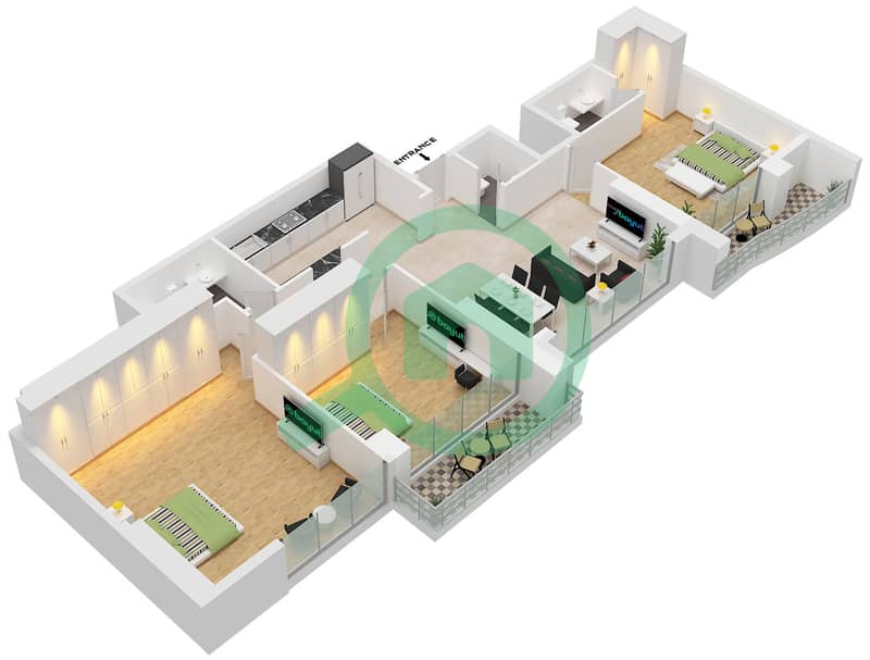 المخططات الطابقية لتصميم النموذج 07 شقة 3 غرف نوم - مارينا بيناكل interactive3D