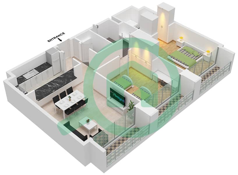 المخططات الطابقية لتصميم النموذج B-1 FLOOR 2,4 شقة 2 غرفة نوم - نسق 1 interactive3D