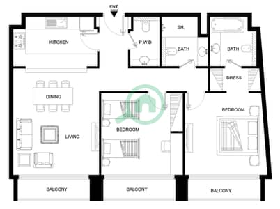 المخططات الطابقية لتصميم النموذج C-1 FLOOR 2,4 شقة 2 غرفة نوم - نسق 1