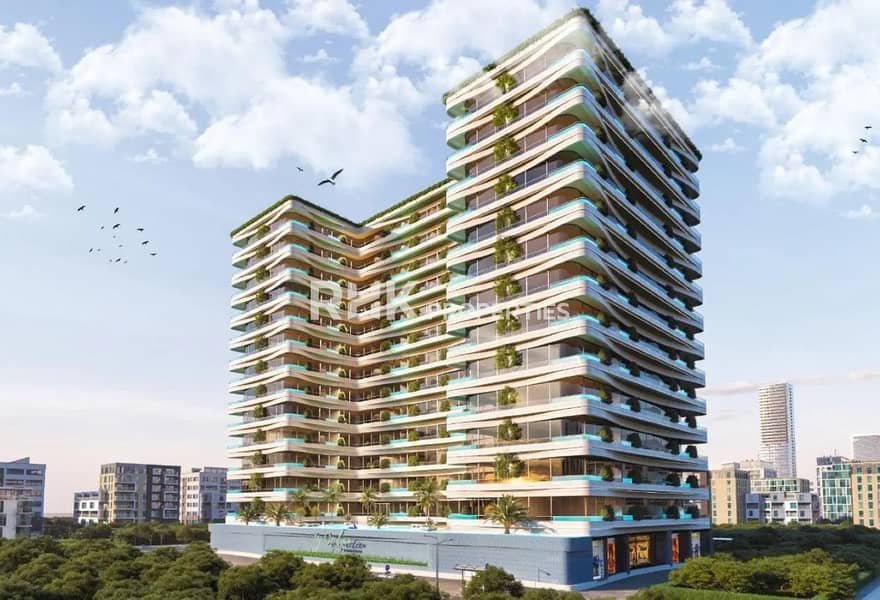 4 Modern residential tower with curved balconies and vertical gardens in Dubai — biophilic design apartment building exterior