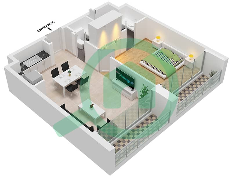 المخططات الطابقية لتصميم النموذج A-1 FLOOR 2,4 شقة 1 غرفة نوم - نسق 1 interactive3D