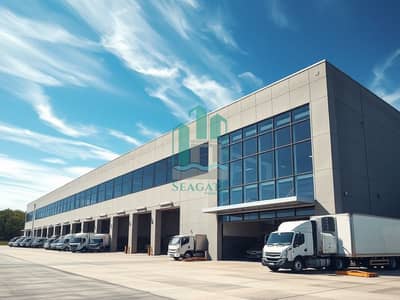 Warehouse for Sale in Al Sajaa Industrial, Sharjah - An_exterior_view_of_a_large_modern_warehouse_with_large_glass_windows. _The_warehouse_features_a_spacious_loading_area_with_white_delivery_trucks_parked_in_front. _The_sky_is_bright_blue_with_wispy_clouds_adding_to_the. jpeg Warehouse for Sale in Al Sajaa Industrial, Sharjah - An_exterior_view_of_a_large_modern_warehouse_with_large_glass_windows. _The_warehouse_features_a_spacious_loading_area_with_white_delivery_trucks_parked_in_front. _The_sky_is_bright_blue_with_wispy_clouds_adding_to_the. jpeg