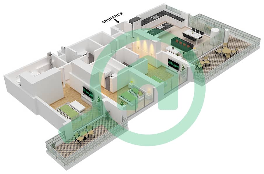 Ellington Sands II Tower A - Plano de planta de 3 habitaciones Apartamento Tipo/unidad B / UNIT 1,13 FLOOR G,1-9 interactive3D