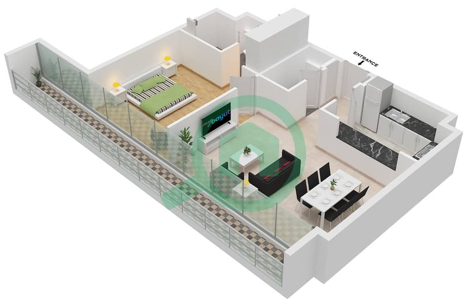 المخططات الطابقية لتصميم النموذج B-2 FLOOR 2,3,5,6,8,9 شقة 1 غرفة نوم - نسق 3 interactive3D