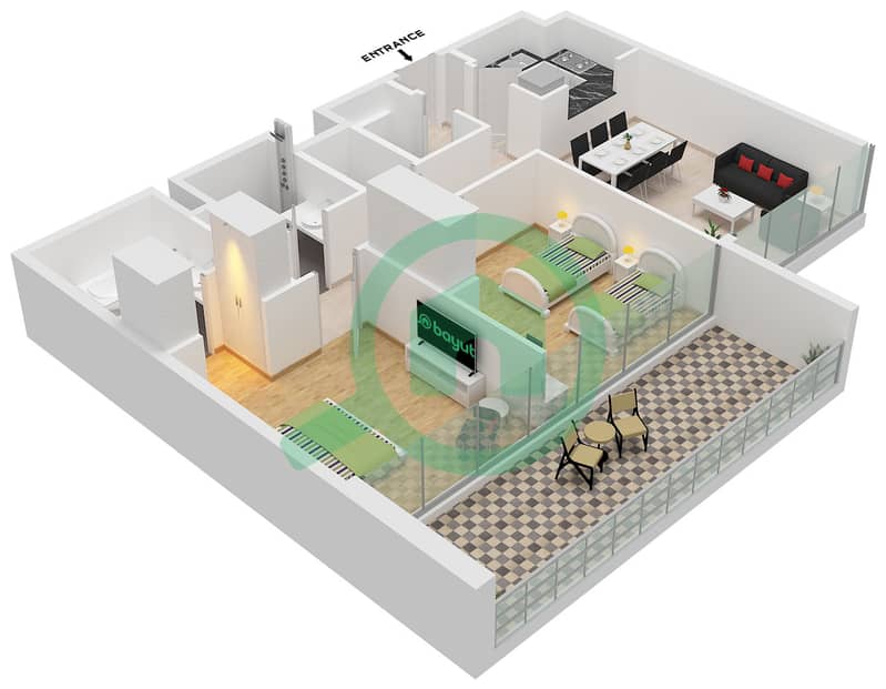 المخططات الطابقية لتصميم النموذج B-1 FLOOR 1,4 شقة 2 غرفة نوم - نسق 3 interactive3D