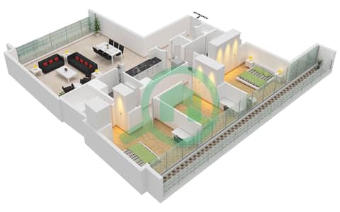 المخططات الطابقية لتصميم النموذج A-2 FLOOR 2,3,5,6,8,9 شقة 3 غرف نوم - نسق 3
