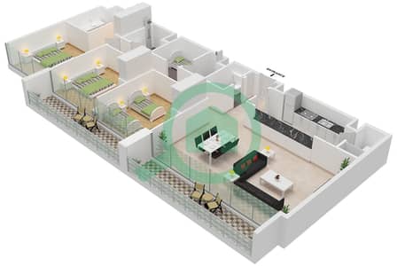 المخططات الطابقية لتصميم النموذج B-1 FLOOR 1,4,7 شقة 3 غرف نوم - نسق 3