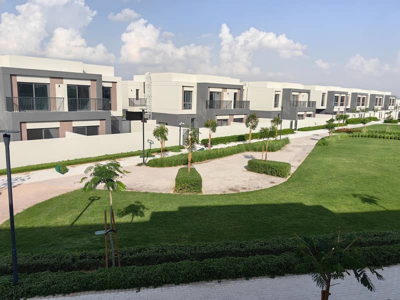 Landscaped community park with lush green lawn, palm trees and modern townhouses in Dubai gated community Landscaped community park with lush green lawn, palm trees and modern townhouses in Dubai gated community