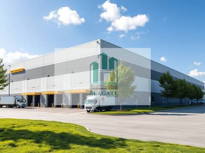 Warehouse for Sale in Al Sajaa Industrial, Sharjah - A_modern_warehouse_exterior_viewed_from_the_outside. _The_building_features_large_loading_docks_bright_signage_and_a_sleek_design. _There_are_several_delivery_trucks_parked_nearby_and_the_landscape_includes_green_grass. jpeg Warehouse for Sale in Al Sajaa Industrial, Sharjah - A_modern_warehouse_exterior_viewed_from_the_outside. _The_building_features_large_loading_docks_bright_signage_and_a_sleek_design. _There_are_several_delivery_trucks_parked_nearby_and_the_landscape_includes_green_grass. jpeg