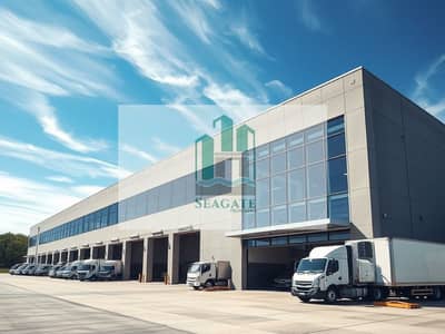 Warehouse for Rent in Al Sajaa Industrial, Sharjah - An_exterior_view_of_a_large_modern_warehouse_with_large_glass_windows. _The_warehouse_features_a_spacious_loading_area_with_white_delivery_trucks_parked_in_front. _The_sky_is_bright_blue_with_wispy_clouds_adding_to_the. jpeg