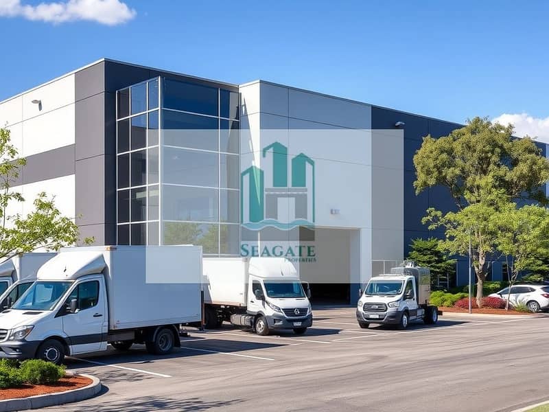 A_modern_warehouse_exterior_with_a_sleek_design_featuring_large_glass_windows_and_a_spacious_loading_bay. _The_building_is_surrounded_by_a_well_maintained_parking_lot_with_delivery_trucks_and_cars_parked_outside. _Incl. jpeg A_modern_warehouse_exterior_with_a_sleek_design_featuring_large_glass_windows_and_a_spacious_loading_bay. _The_building_is_surrounded_by_a_well_maintained_parking_lot_with_delivery_trucks_and_cars_parked_outside. _Incl. jpeg