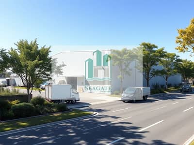 Warehouse for Sale in Al Sajaa Industrial, Sharjah - A_large_single_shed_warehouse_next_to_a_busy_road. _The_warehouse_has_a_sleek_metal_structure_with_a_bright_exterior. _It_s_surrounded_by_green_landscaping_with_trees_and_shrubs. _A_few_delivery_trucks_are_parked_in_f. jpeg Warehouse for Sale in Al Sajaa Industrial, Sharjah - A_large_single_shed_warehouse_next_to_a_busy_road. _The_warehouse_has_a_sleek_metal_structure_with_a_bright_exterior. _It_s_surrounded_by_green_landscaping_with_trees_and_shrubs. _A_few_delivery_trucks_are_parked_in_f. jpeg