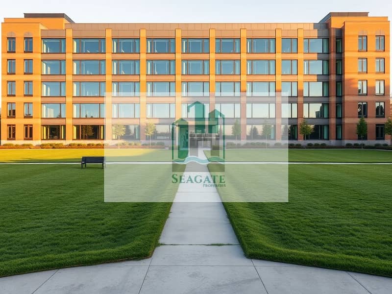 2 Photorealistic_wide_angle_exterior_view_of_an_entire_modern_office_building_centered_in_the_frame_with_all_floors_visible_from_ground_to_roof. _In_front_of_the_building_is_a_very_large_mostly_empty_open_yard_extending. jpeg