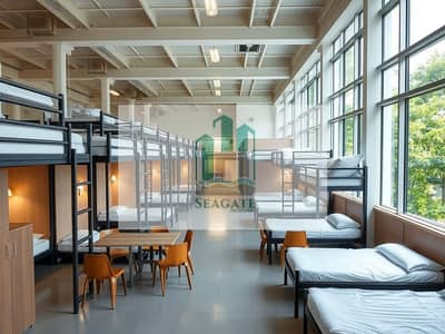 Labour Camp para en Alquiler en Al Jurf, Ajman - A_modern_labour_accommodation_facility_showcasing_a_series_of_clean_and_well_organized_sleeping_quarters. _The_building_features_bright_interiors_with_large_windows_communal_dining_areas_with_tables_and_chairs_and_out. jpeg