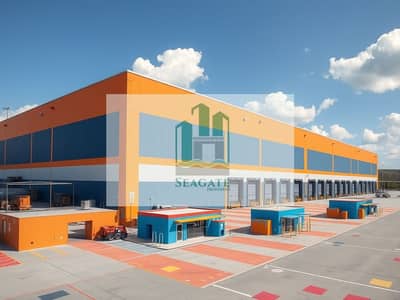 Warehouse for Sale in Al Sajaa Industrial, Sharjah - An_exterior_view_of_a_large_modern_warehouse. _The_warehouse_features_a_sleek_industrial_design_with_large_loading_docks_a_bright_facade_painted_in_shades_of_blue_and_orange. _Surrounding_the_warehouse_are_small_servi - Copy. jpeg