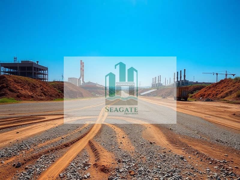 2 A_construction_site_featuring_a_large_empty_landscape. _The_area_is_devoid_of_any_asphalt_road_or_pavement_showcasing_bare_earth_and_gravel. _In_the_background_there_are_industrial_buildings_and_smokestacks_set_against. jpeg