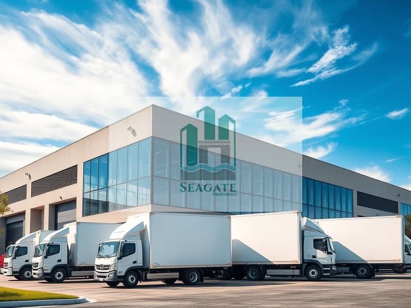 An_exterior_view_of_a_modern_warehouse_with_large_glass_windows_and_a_spacious_loading_area. _The_building_features_several_white_delivery_trucks_parked_in_front_set_against_a_bright_blue_sky_with_dynamic_cloud_patter. jpeg An_exterior_view_of_a_modern_warehouse_with_large_glass_windows_and_a_spacious_loading_area. _The_building_features_several_white_delivery_trucks_parked_in_front_set_against_a_bright_blue_sky_with_dynamic_cloud_patter. jpeg