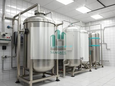 Factory for Sale in Ajman Industrial, Ajman - Create_a_clean_realistic_industrial_equipment_photo_similar_in_composition_to_the_reference_images_a_stainless_steel_industrial_water_treatment_filtration_system_in_a_tiled_mechanical_room. _Include_1_a_large_hopper_b. jpeg