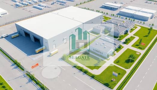 Labour Camp zum zum Verkauf in Al Jurf, Ajman - A_realistic_architectural_3D_render_aerial_view_of_an_industrial_site_layout_a_large_warehouse_building_in_the_front_with_a_loading_dock_trucks_and_parking_area_perimeter_fencing_and_a_security_gate. _Behind_the_wareh. jpeg Labour Camp zum zum Verkauf in Al Jurf, Ajman - A_realistic_architectural_3D_render_aerial_view_of_an_industrial_site_layout_a_large_warehouse_building_in_the_front_with_a_loading_dock_trucks_and_parking_area_perimeter_fencing_and_a_security_gate. _Behind_the_wareh. jpeg