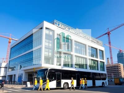 Labour Camp for Rent in Al Sajaa Industrial, Sharjah - A_modern_labor_accommodation_building_with_a_striking_architectural_design_featuring_extensive_glass_windows_and_a_clean_white_fa_ade. _It_is_situated_at_a_bustling_urban_intersection_with_construction_cranes_in_the_b. jpeg Labour Camp for Rent in Al Sajaa Industrial, Sharjah - A_modern_labor_accommodation_building_with_a_striking_architectural_design_featuring_extensive_glass_windows_and_a_clean_white_fa_ade. _It_is_situated_at_a_bustling_urban_intersection_with_construction_cranes_in_the_b. jpeg