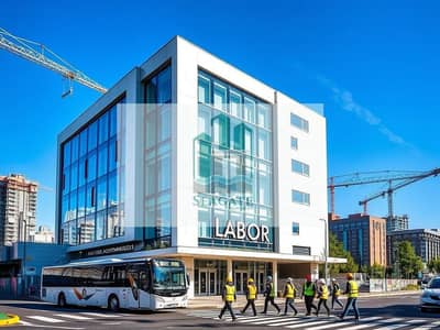 سكن عمال للايجار في المنطقة الصناعية، الشارقة - A_contemporary_labor_accommodation_building_with_a_striking_modern_design_featuring_large_glass_panels_located_at_an_urban_intersection. _The_structure_has_geometric_elements_with_a_multi_story_fa_ade. _In_front_of_the. jpeg سكن عمال للايجار في المنطقة الصناعية، الشارقة - A_contemporary_labor_accommodation_building_with_a_striking_modern_design_featuring_large_glass_panels_located_at_an_urban_intersection. _The_structure_has_geometric_elements_with_a_multi_story_fa_ade. _In_front_of_the. jpeg