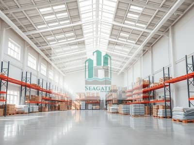 Warehouse for Sale in Industrial Area, Umm Al Quwain - An_interior_view_of_a_spacious_modern_warehouse. _The_design_includes_high_ceilings_large_open_spaces_and_plenty_of_natural_light_coming_through_skylights_and_large_windows. _Shelving_units_are_neatly_organized_along_t. jpeg