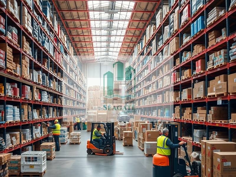 4 A_large_bustling_warehouse_environment_showcasing_the_interior_filled_with_shelves_stocked_high_with_various_products. _Workers_in_safety_vests_are_seen_organizing_items_using_forklifts_to_move_pallets. _Large_windows_. jpeg