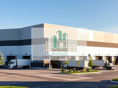 مستودع  للبيع في الجرف، عجمان - An_exterior_view_of_a_modern_warehouse_building_showcasing_its_large_loading_docks_high_ceilings_and_wide_entrances. _The_facade_is_made_of_sleek_metal_panels_with_large_glass_windows_allowing_a_glimpse_inside. _Surrou. jpeg