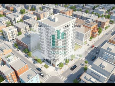 10+ Beds Building for Rent in Al Rashidiya, Ajman - A_detailed_architectural_concept_illustration_of_an_urban_community_area_featuring_a_G_6_ground_plus_six_floors_modern_apartment_building_as_the_main_subject. _Include_the_main_G_6_building_with_clear_height_cues_6_st. jpeg