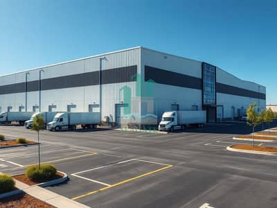 Склад в аренду в Умм Дера, Умм-эль-Кайвайн - Photorealistic_exterior_view_of_a_modern_warehouse_building_similar_in_style_to_the_reference_image_large_rectangular_industrial_structure_with_white_metal_cladding_on_the_upper_facade_darker_grey_banding_across_the_. jpeg