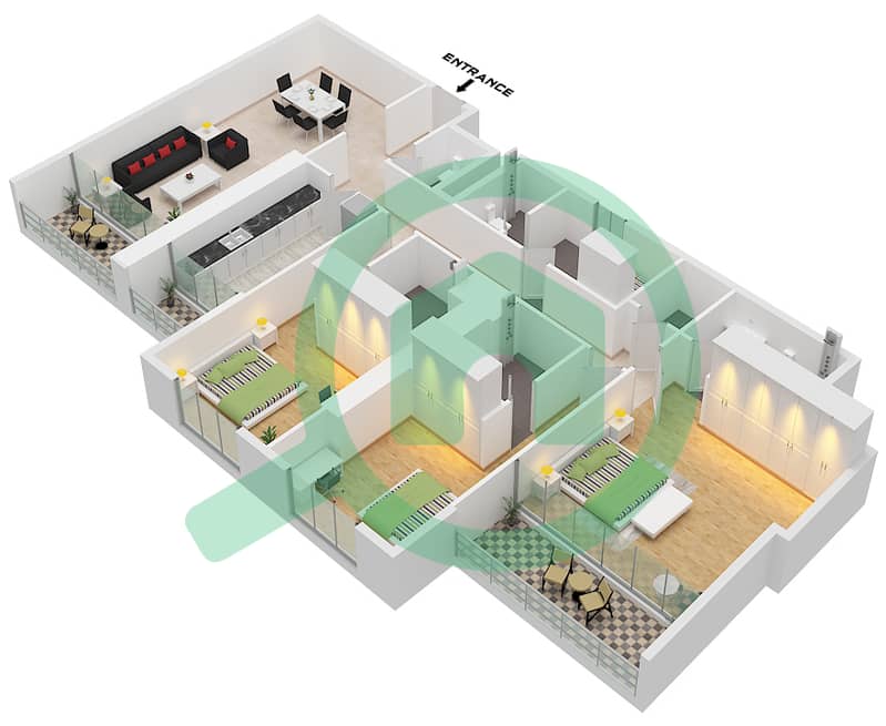 Faradis Tower - 3 Bedroom Apartment Type A Floor plan interactive3D