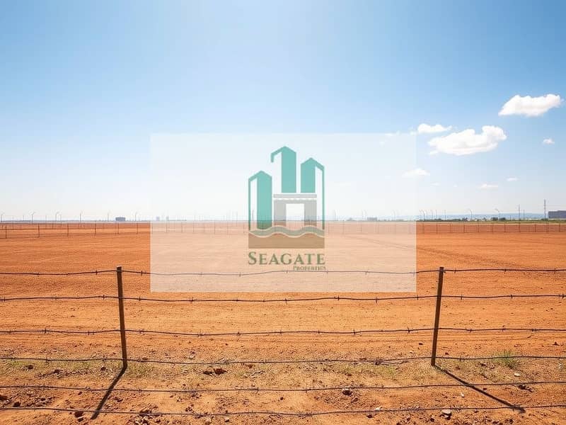 A_wide_view_of_a_barren_industrial_plot_on_a_sunny_day. _The_land_is_flat_and_bare_with_a_dry_reddish_brown_surface. _Surrounding_the_plot_is_a_simple_barbed_wire_fence_that_emphasizes_the_emptiness. _In_the_distance_th. jpeg A_wide_view_of_a_barren_industrial_plot_on_a_sunny_day. _The_land_is_flat_and_bare_with_a_dry_reddish_brown_surface. _Surrounding_the_plot_is_a_simple_barbed_wire_fence_that_emphasizes_the_emptiness. _In_the_distance_th. jpeg