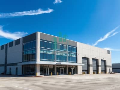 Warehouse zum zur Miete in Al Jurf, Ajman - An_exterior_view_of_a_large_modern_warehouse_with_a_focus_on_the_entire_building. _The_warehouse_features_large_glass_windows_and_a_spacious_loading_area_without_any_vehicles_in_sight. _The_building_is_set_against_a_br. jpeg