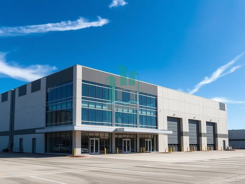 An_exterior_view_of_a_large_modern_warehouse_with_a_focus_on_the_entire_building. _The_warehouse_features_large_glass_windows_and_a_spacious_loading_area_without_any_vehicles_in_sight. _The_building_is_set_against_a_br. jpeg An_exterior_view_of_a_large_modern_warehouse_with_a_focus_on_the_entire_building. _The_warehouse_features_large_glass_windows_and_a_spacious_loading_area_without_any_vehicles_in_sight. _The_building_is_set_against_a_br. jpeg