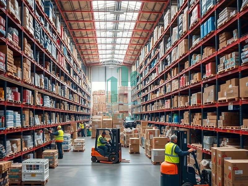 2 A_large_bustling_warehouse_environment_showcasing_the_interior_filled_with_shelves_stocked_high_with_various_products. _Workers_in_safety_vests_are_seen_organizing_items_using_forklifts_to_move_pallets. _Large_windows_. jpeg